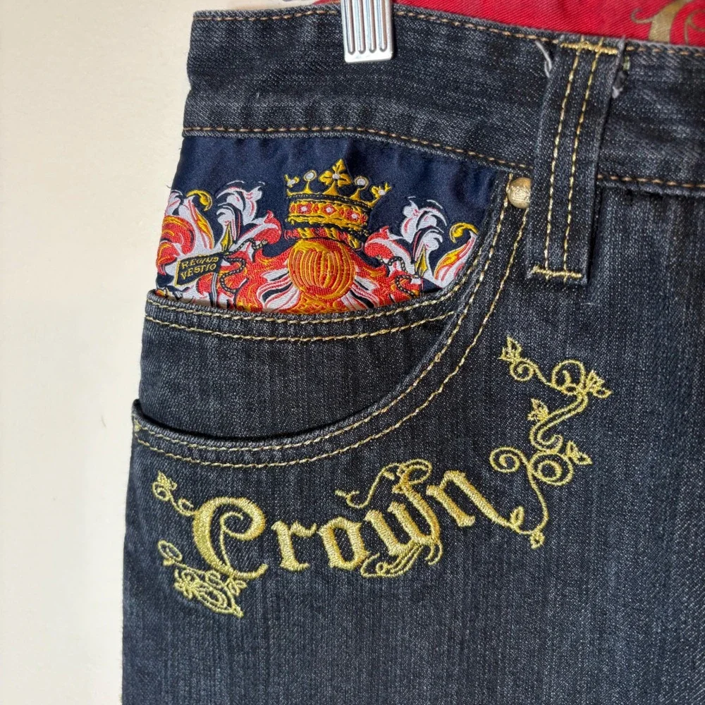 Crown Holder Embroidered Dark Wash Jeans‎ Size 38 Crest & Royal Embellishments